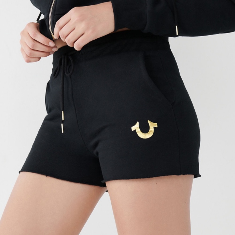 True Religion Logo Sweat Short Gold Foil Logo Black Medium NWT